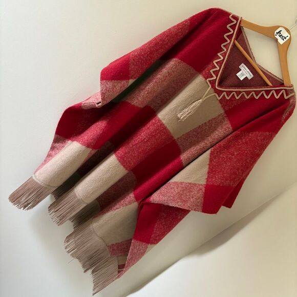 Adam Lippes for Target Red Tan Poncho Sweater Fringe & Tassel Women's 3X/4X Grea - Picture 12 of 12